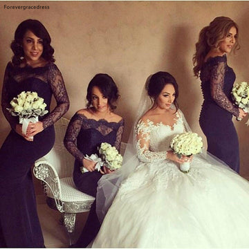 GBD275 Black Fall Off The Shoulder Long Sleeve Bridesmaid Dress