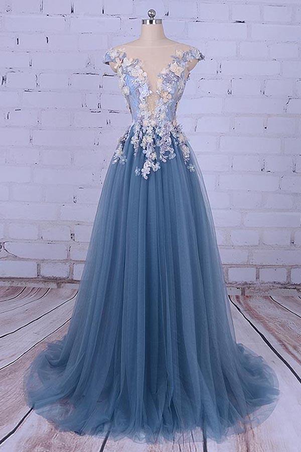 A Line Dusty Blue Train Long Prom Dress JTA0051 A Line Dusty Blue Train Long Prom Dress JTA0051