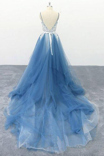 Spaghetti Straps A Line Appliqued Dusty Blue Tulle Prom Dress JTA0091
