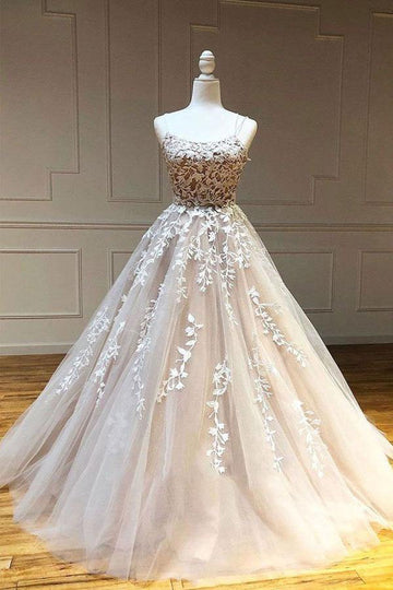 Princess Appliqued Straps Lace Champagne Prom Formal Dress JTA0111