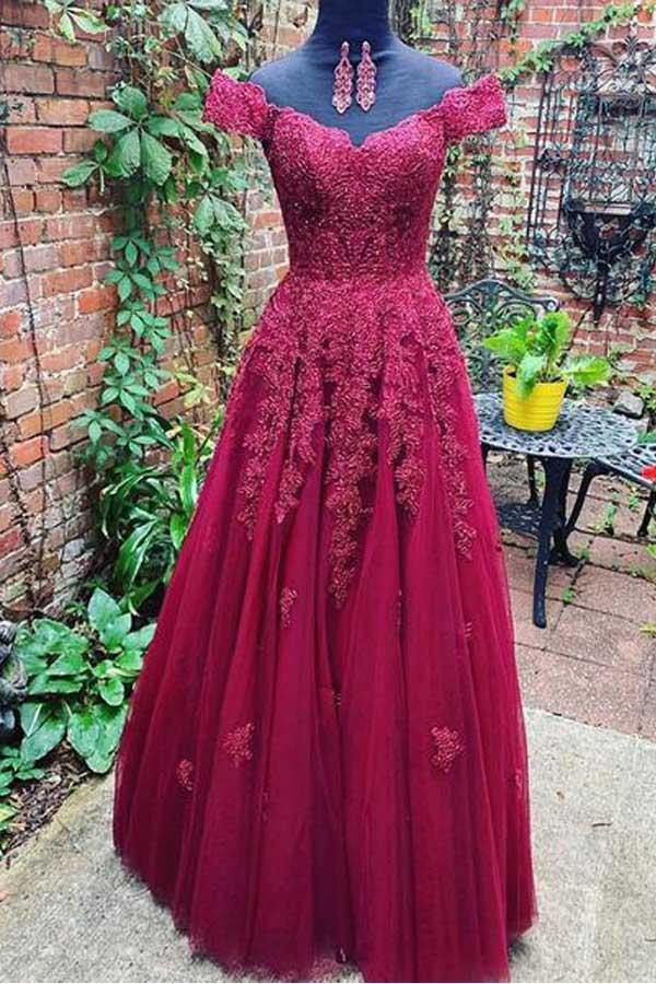 A Line Off The Shoulder Burgundy Lace Tulle Prom Dress Formal Dress JT