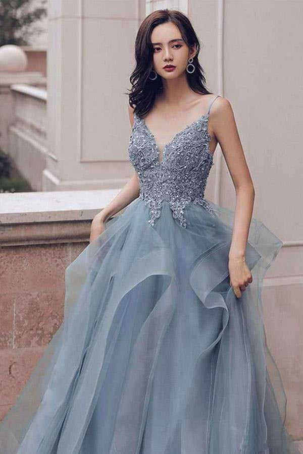 Dusty Blue Lace V Neck Long Ruffles Prom Dress JTA0161 Dusty Blue Lace V Neck Long Ruffles Prom Dress JTA0161