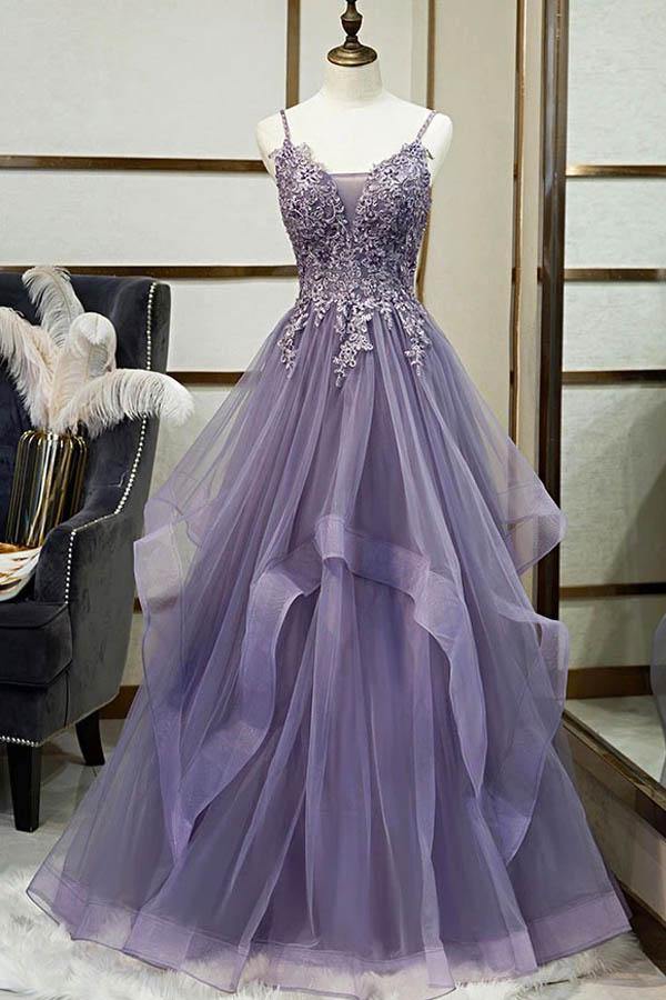 Princess Tulle Spaghetti Straps Dusty Purple Layer Lace Applique Prom