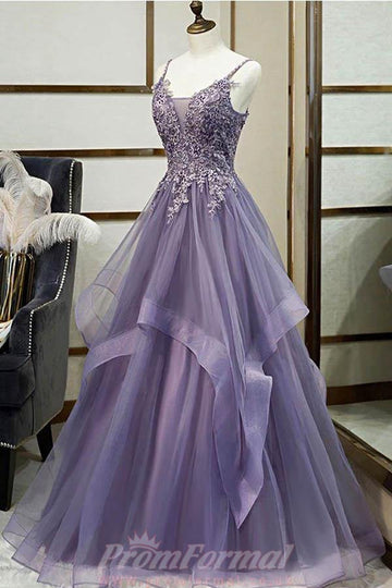 Princess Tulle Spaghetti Straps Dusty Purple Layer Lace Applique Prom Dress JTA0171