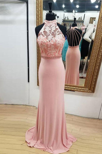 Pink Lace Halter Neck Open Back Long Mermaid Prom Dress JTA0181