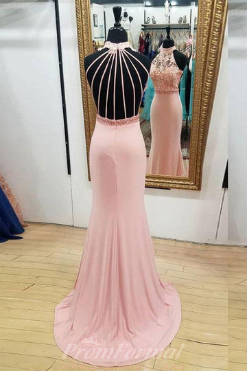 Pink Lace Halter Neck Open Back Long Mermaid Prom Dress JTA0181