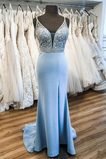 Sky Blue Satin V Neck Beaded Mermaid Prom Formal Dress JTA0191