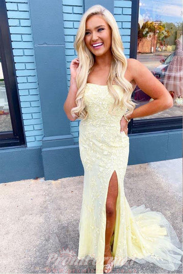Elegant Yellow Lace Appliques Long Prom Dress with Split JTA0211