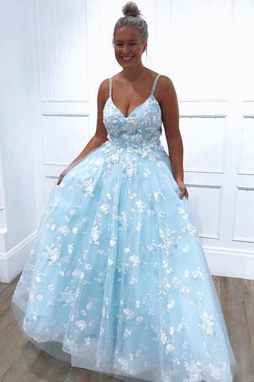 Blue Lace Appliques Tulle Princess Prom Dress JTA0221