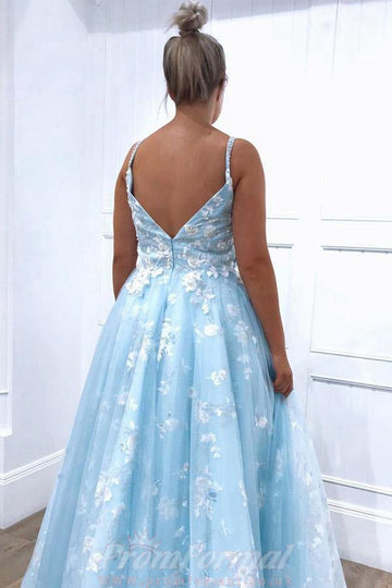 Blue Lace Appliques Tulle Princess Prom Dress JTA0221