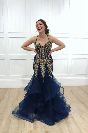 Navy Tulle Gold Beaded Spaghetti Straps Mermaid Prom Dress JTA0231