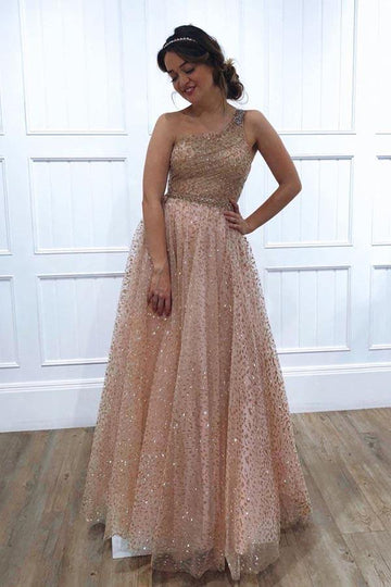 One Shoulder Sparkly Sequin Tulle A Line Prom Evening Dress JTA0241