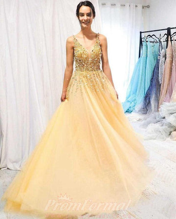A Line V neck Yellow Sparkly Prom Dress JTA0261