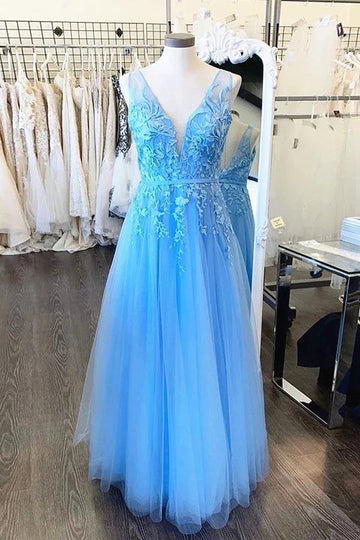 A Line V Neck Ocean Blue Lace Tulle Prom Formal Dress JTA0311