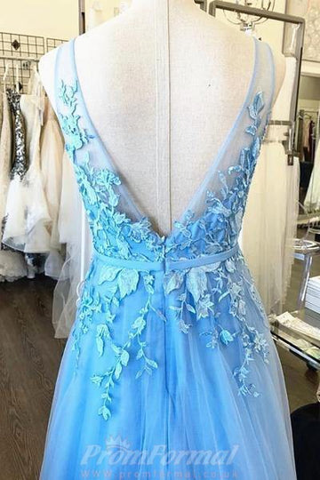 A Line V Neck Ocean Blue Lace Tulle Prom Formal Dress JTA0311