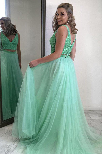 Two Piece Mint Green Chiffon Beading Prom Dress JTA0361