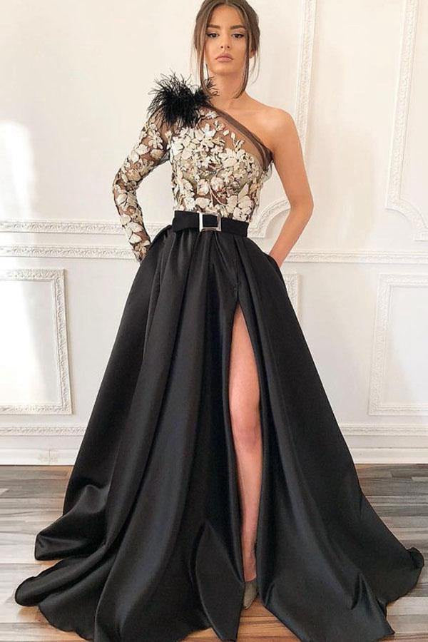One Shoulder Black Split Prom Dress with Pockets Feathers JTA0391