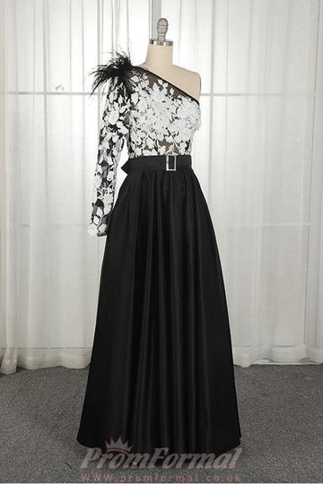 One Shoulder Black Split Prom Dress with Pockets Feathers JTA0391