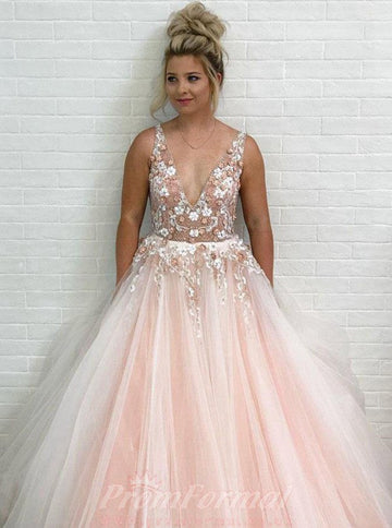 Princess V Neck Pink Prom Dress with Appliques Beading JTA0531