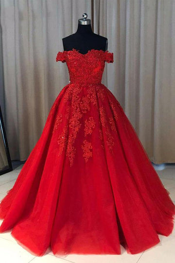 Hot Red Off The Shoulder Ball Gown Sweetheart Lace Prom Dress JTA0541