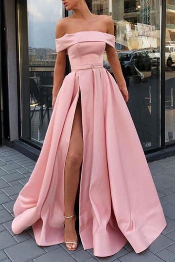A Line Off the Shoulder Satin Pink High Split Prom Dress JTA0571