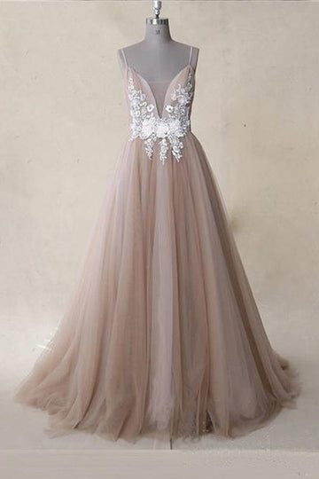 Dusty Pink Straps Tulle Tulle A Line V Neck Long Prom Dress JTA0581