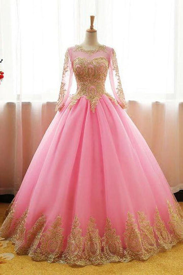 Ball Gown Hot Pink Tulle Applique Long Sleeve Prom Dress JTA0611