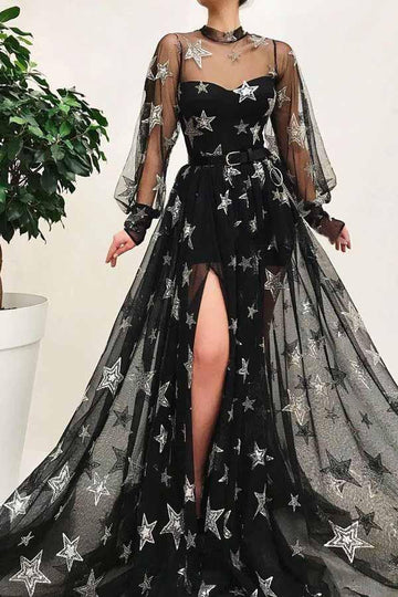Black High Neck Sexy Split Long Prom Dress With Star Sparkly Long Sleeves JTA0671