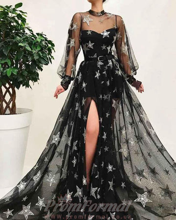 Black High Neck Sexy Split Long Prom Dress With Star Sparkly Long Sleeves JTA0671