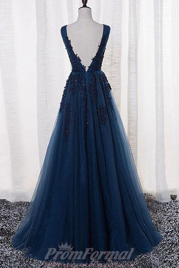 A Line V Neck Dark Blue Tulle Evening Dress With Appliques JTA0691
