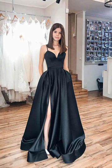 Black Spaghetti Strap Satin Prom Dress JTA0721