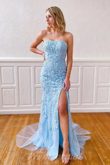 Mermaid Sky Blue Split Evening Formal Dress With Lace JTA0751