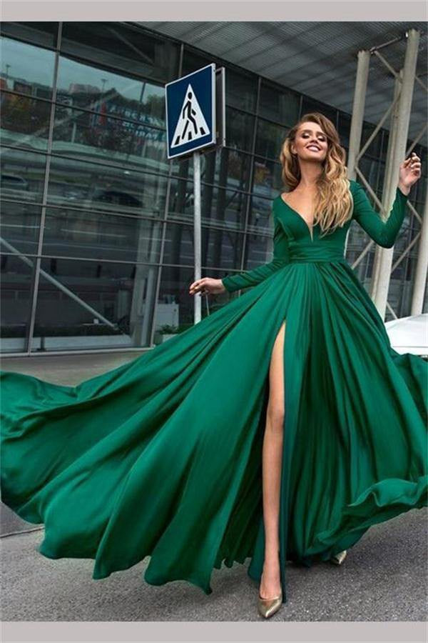 Green Satin Long A-Line Prom Dress, Off The Shoulder Evening Dress With  Slit, A Line Prom Dress With Slit