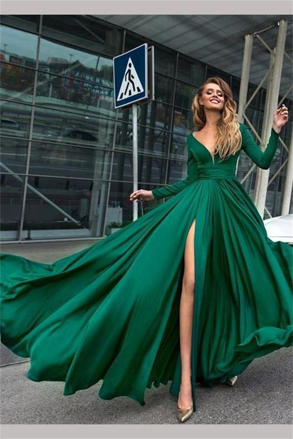 A Line V Neck Long Sleeves Dark Green Prom Dress With Split JTA0821 A Line V Neck Long Sleeves Dark Green Prom Dress With Split JTA0821