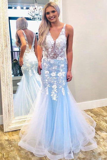 Mermaid V Neck Sky Blue Prom Dress with Lace Appliques JTA0841