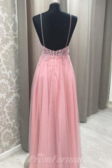 Princess Straps Pink Beaded Tulle Prom Dress JTA0851