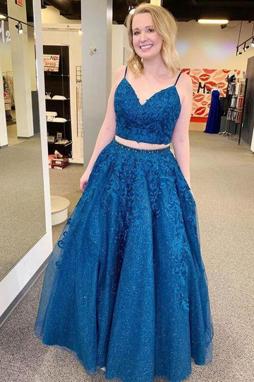 Royal Blue Tulle Appliques Two Piece Prom Dress JTA0951