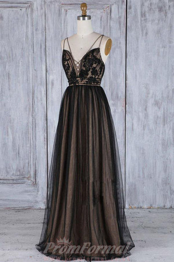 A Line V Neck Black Tulle Prom Dress JTA0981