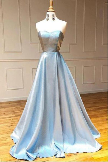 Light Blue Satin Strapless Long A Line Prom Dress JTA0991