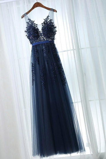 A Line V Neck Navy Blue Tulle Prom Dress with Appliques JTA1021