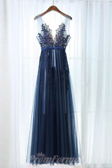 A Line V Neck Navy Blue Tulle Prom Dress with Appliques JTA1021
