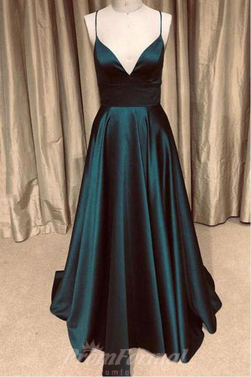 Dark Green Satin Long V Neck Prom Dress JTA1051