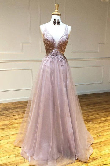 Sexy V Neck  A Line Tulle Pink Prom Dress JTA1081