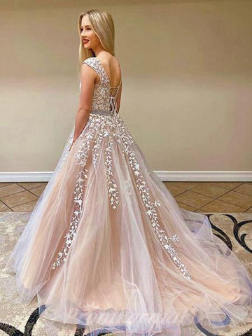 A Line Champagne Tulle Prom Dress With Lace Applique JTA1151