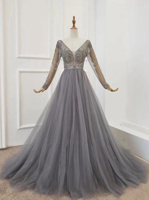 Princess Long Sleeve Gray Tulle Prom Formal Dress JTA1191 Princess Long Sleeve Gray Tulle Prom Formal Dress JTA1191