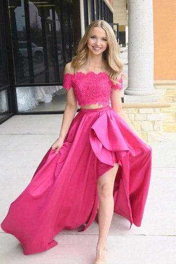 Two Piece Off The Shoulder High Low Fuchsia Prom Dress with Pockets JTA1201
