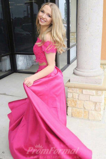 Two Piece Off The Shoulder High Low Fuchsia Prom Dress with Pockets JTA1201