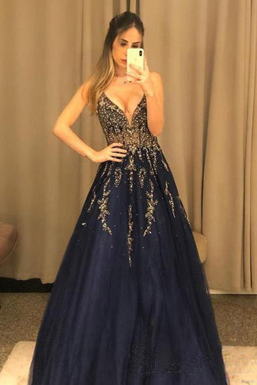 V Neck Navy Blue Tulle Long Prom Dress With Beading JTA1251