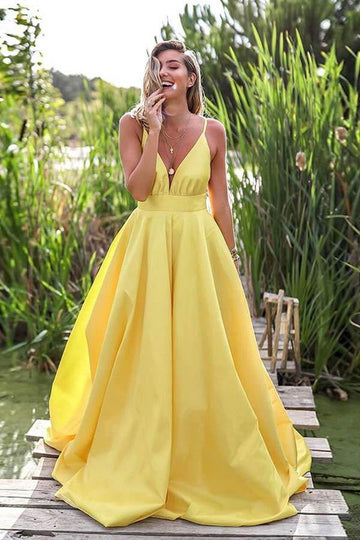 A Line Deep V Neck Yellow Prom Dress JTA1441