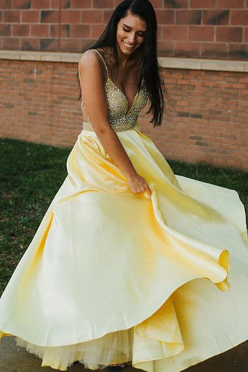 A Line Spaghetti Straps Yellow Prom Dress With Beading JTA1451